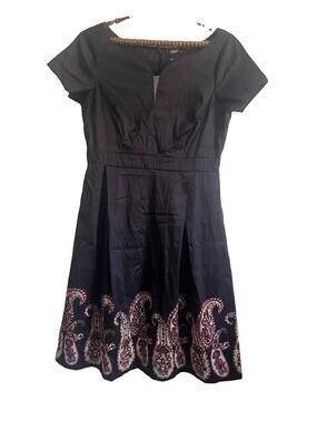 eShakti Dress Womens 12 L Black Paisley Border Fit Flare Short Sleeve Midi Boho
